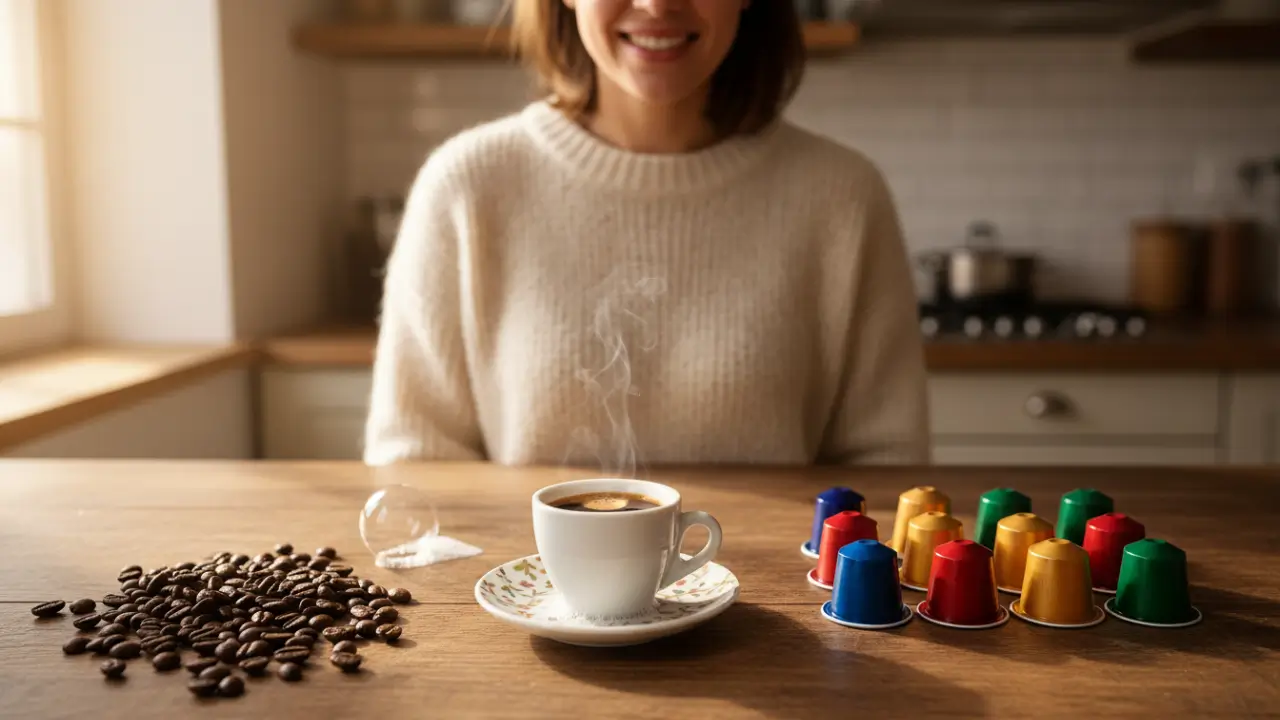 uma mulher feliz em escolher entre café brasileiro de qualidade e cáspsulas nespresso dispostas sobre uma bancada