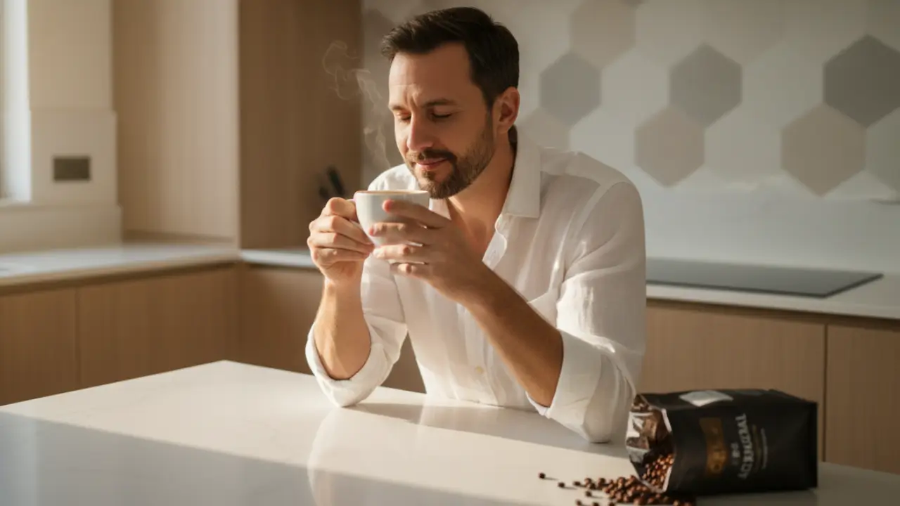 Homem saboreando um café de sabor intenso numa mesa com pacote de grãos ao lado