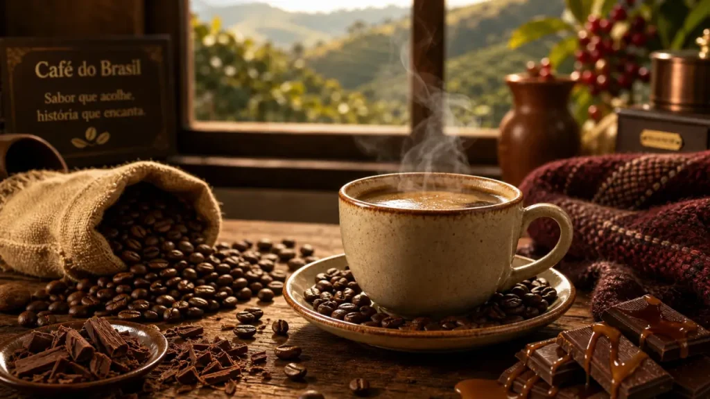 Xícara de café quente e grãos em destaque numa mesa com elementos como café e caramelo que combinam com a bebida no inverno