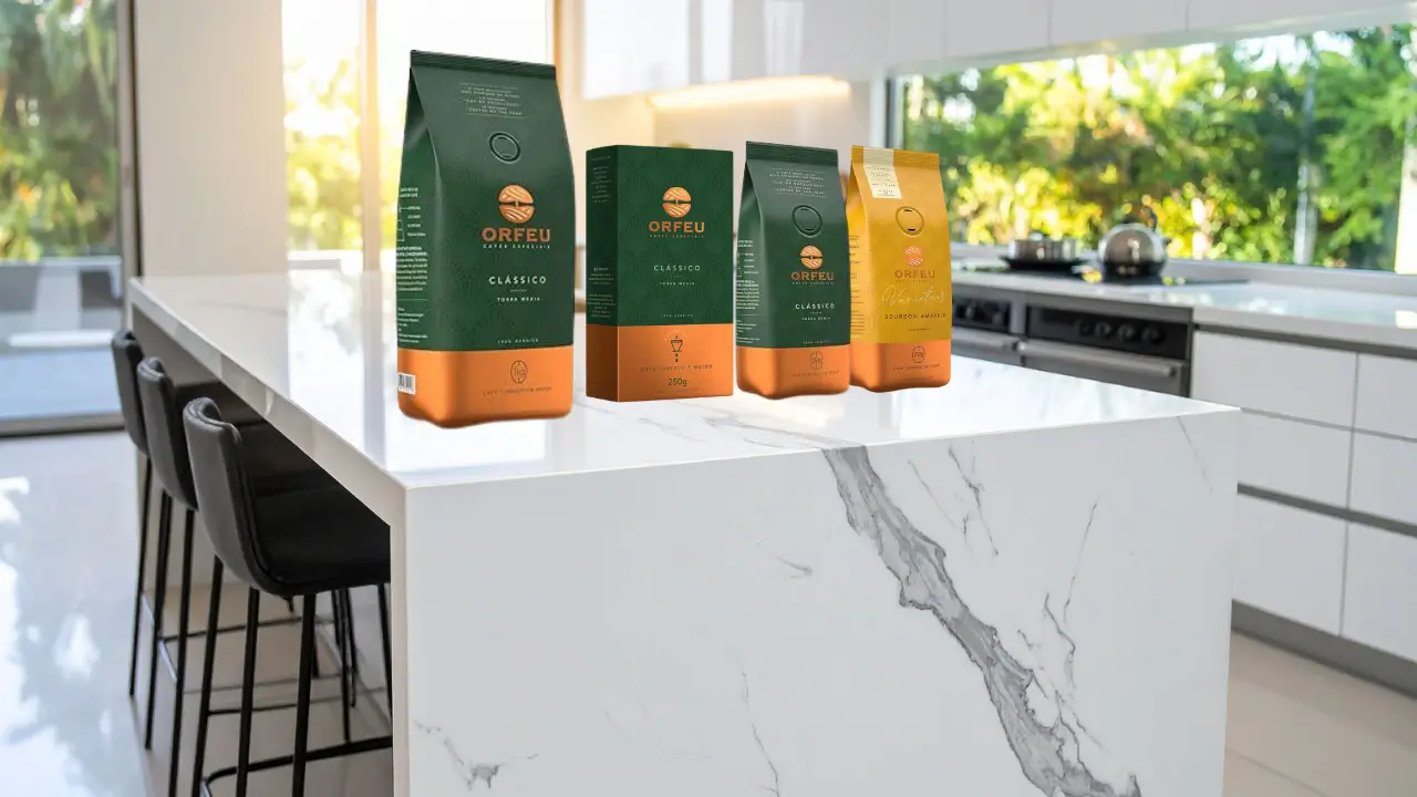 Em uma bancada de cozinha, está exposta a linha de cafe da marca Orfeu