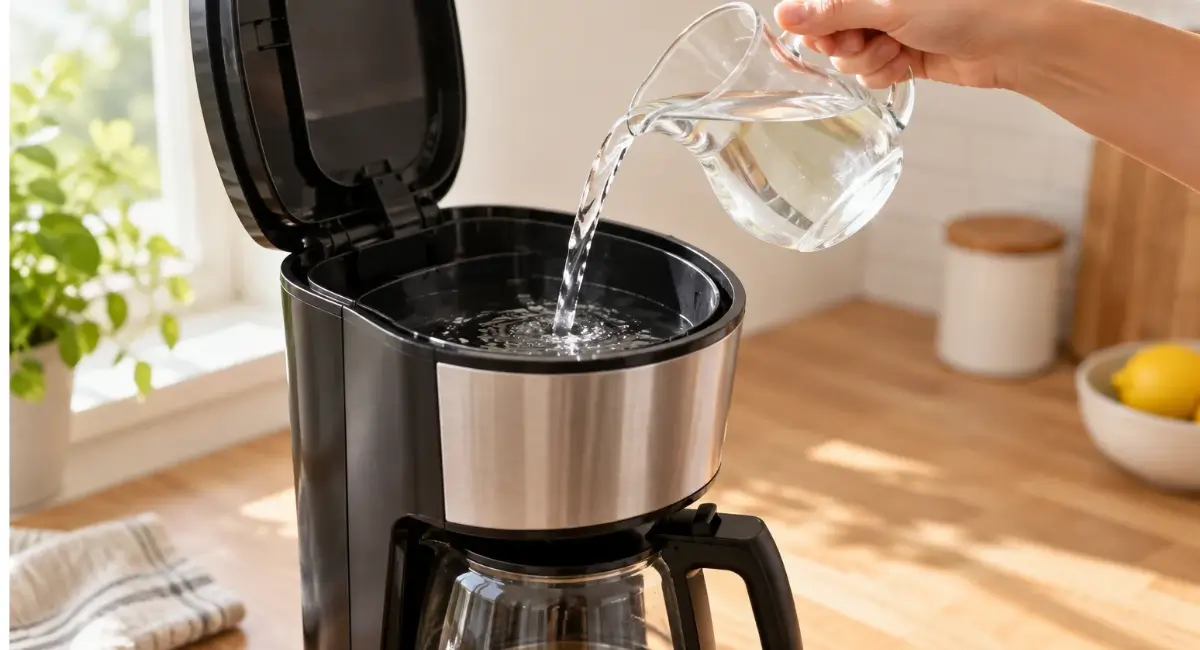 uma mão jogando vinagre numa cafeteira mostra o processo de descalcificação de uma cafeteira