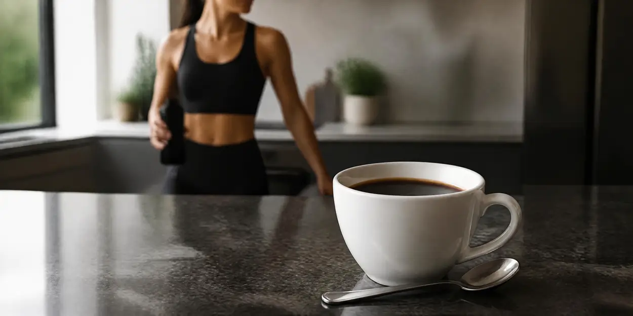Xícara branca de café preto com colher sobre a bancada, com uma pessoa em roupa de treino ao fundo