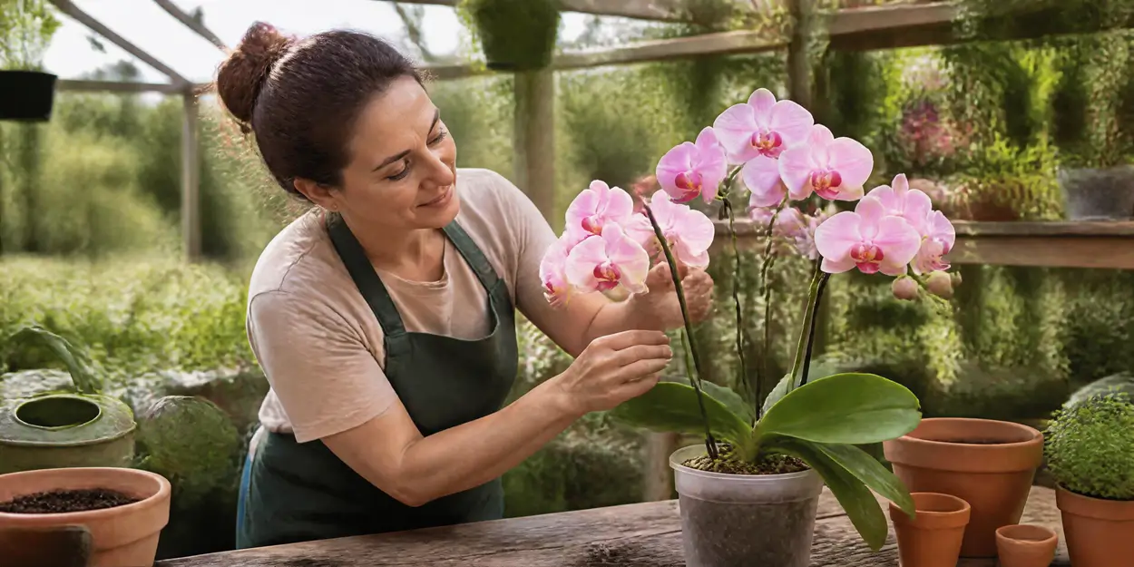 Mulher cuidando de uma orquídea phalaenopsis rosa em vaso sobre uma bancada de madeira, em meio a vasos de plantas
