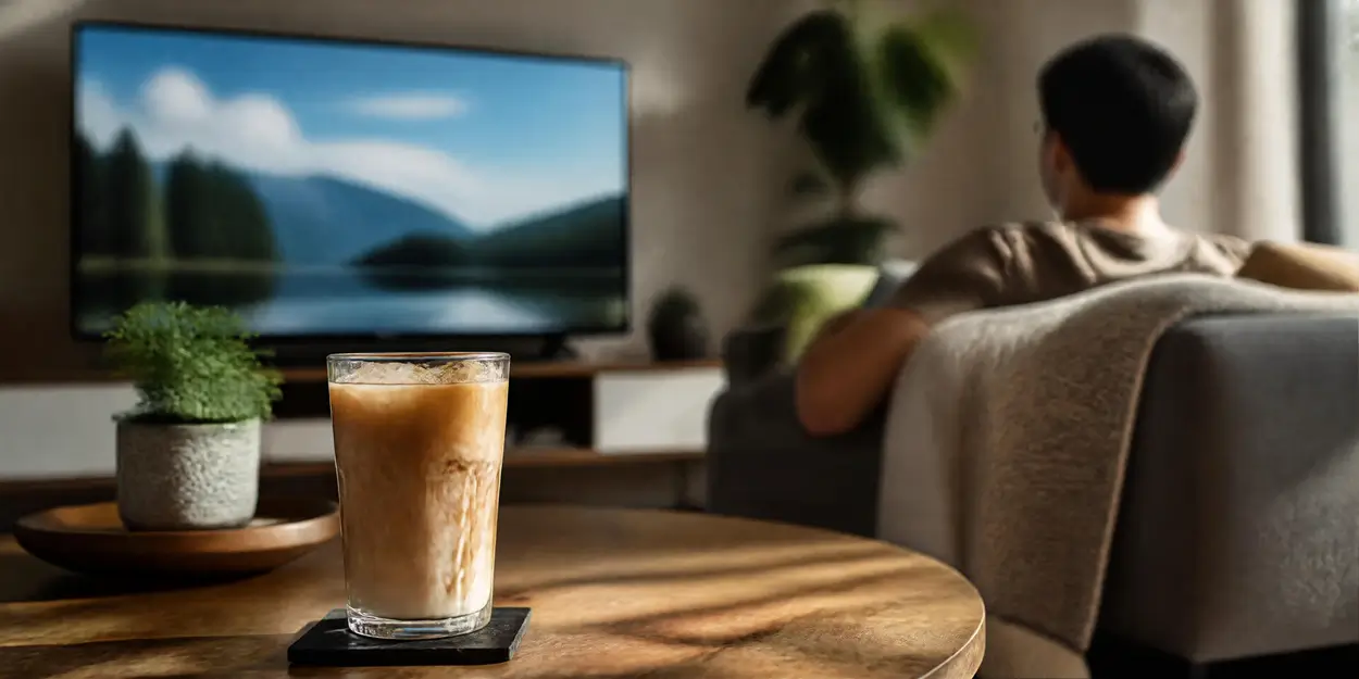 Copo de café gelado cremoso sobre a mesa de centro da sala, com uma pessoa assistindo TV ao fundo